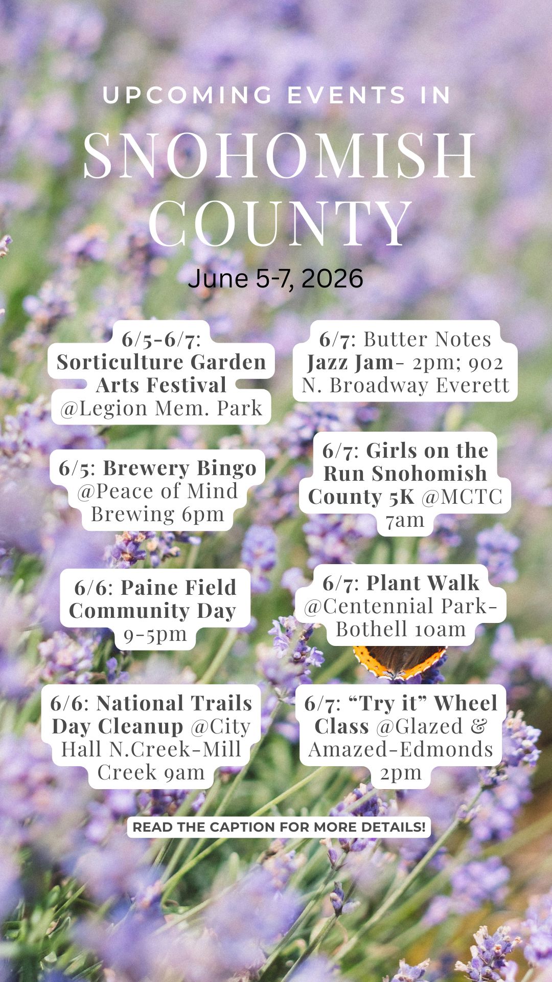 Picture of lavendar with list of upcoming events