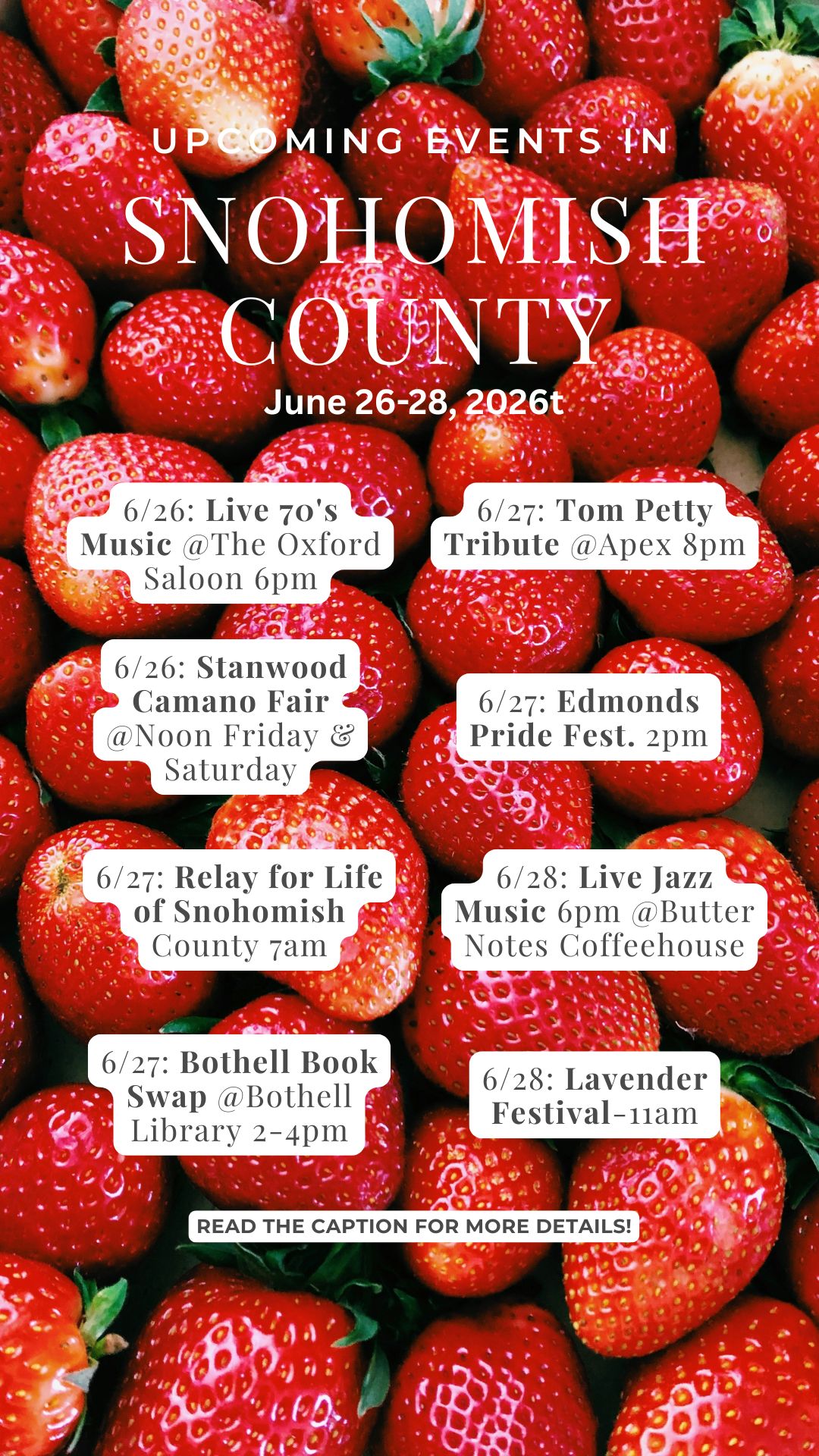 Strawberries in background with upcoming events listed.