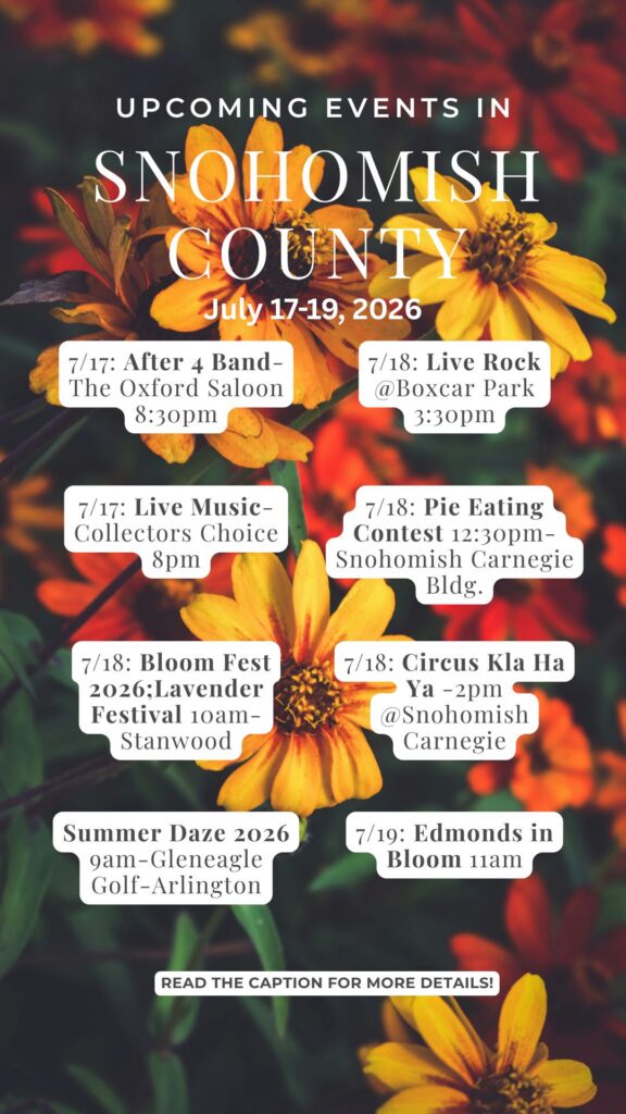 List of upcoming events with a backdrop of zinnias