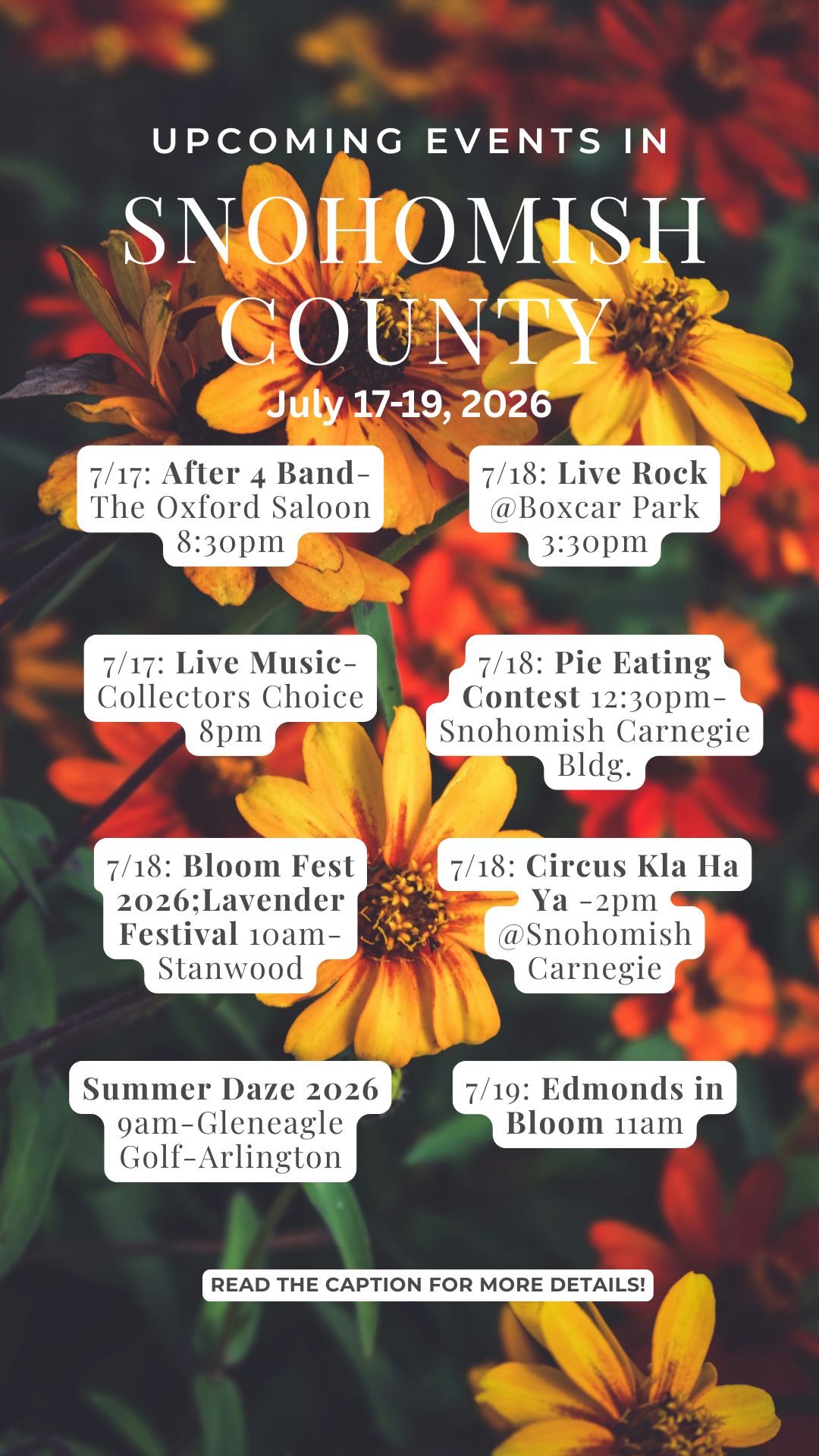 List of upcoming events with a backdrop of zinnias