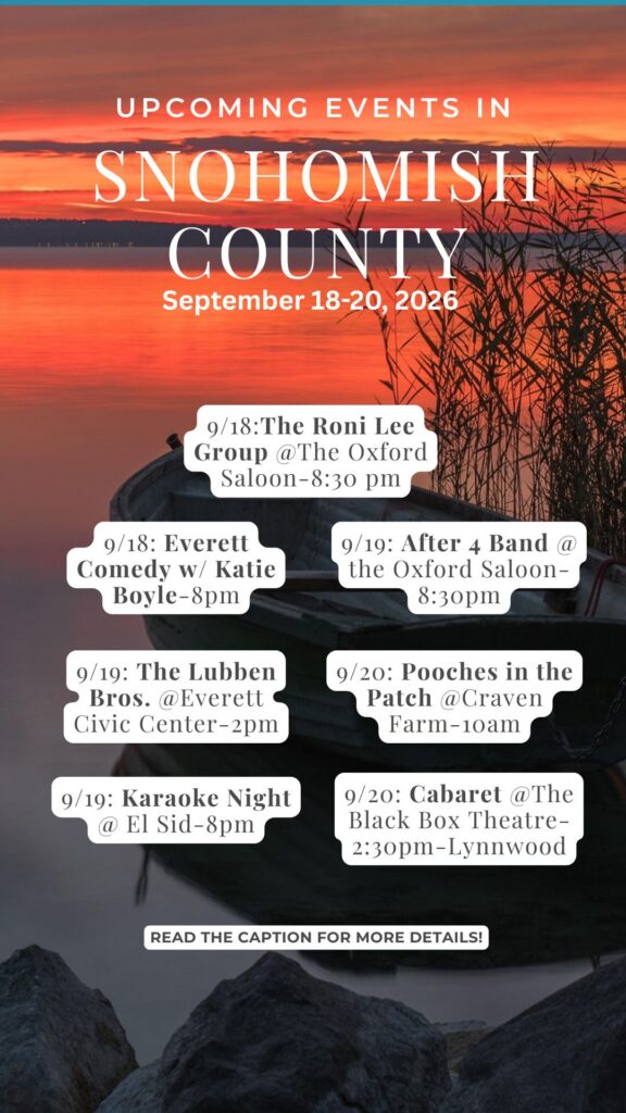 Upcoming events against a sunset backdrop over the water